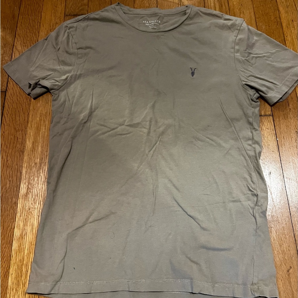 All Saints Men’s Short Sleeve Crew T-Shirt in tan. Slim fit small.